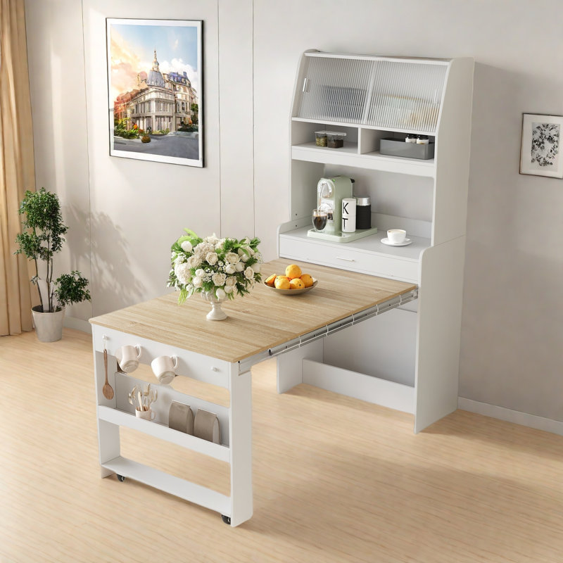 Buffet With Hutch And Foldable Dining Table, Storage Shelves, Side Hooks And A Cabinet With Sliding Doors, White/Natural