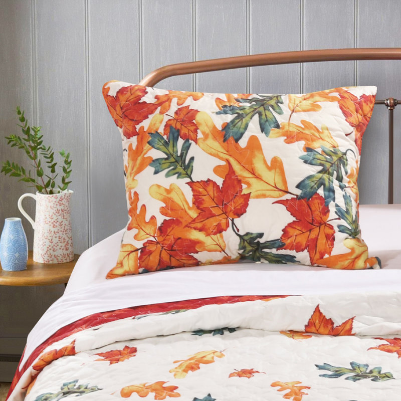 Standard Cream Cotton and Polyester Quilted Sham with Autumn Leaves