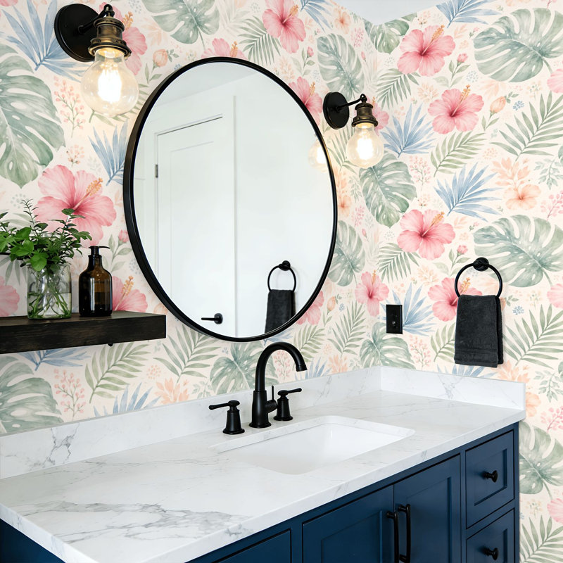 Papier peint auto-adhésif à motif floral Hibiscus Monstera à motif de feuilles de l 17,7 po x H 118 po adhésif auto-adhésif amovible pour les chambres de bébé