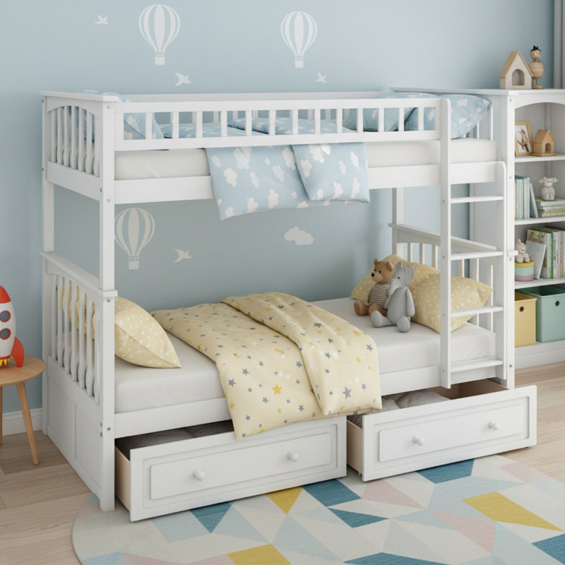 Lit superposé simple au-dessus de simple en bois massif avec tiroirs, 2 lits convertibles pour garçons et filles, Blanc