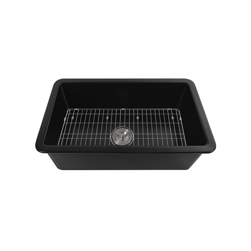 Rectangular Fireclay 32" L x 19" W Fireclay Undermount Kitchen Sink with Basket Strainer and Sink Grid, Matte Black