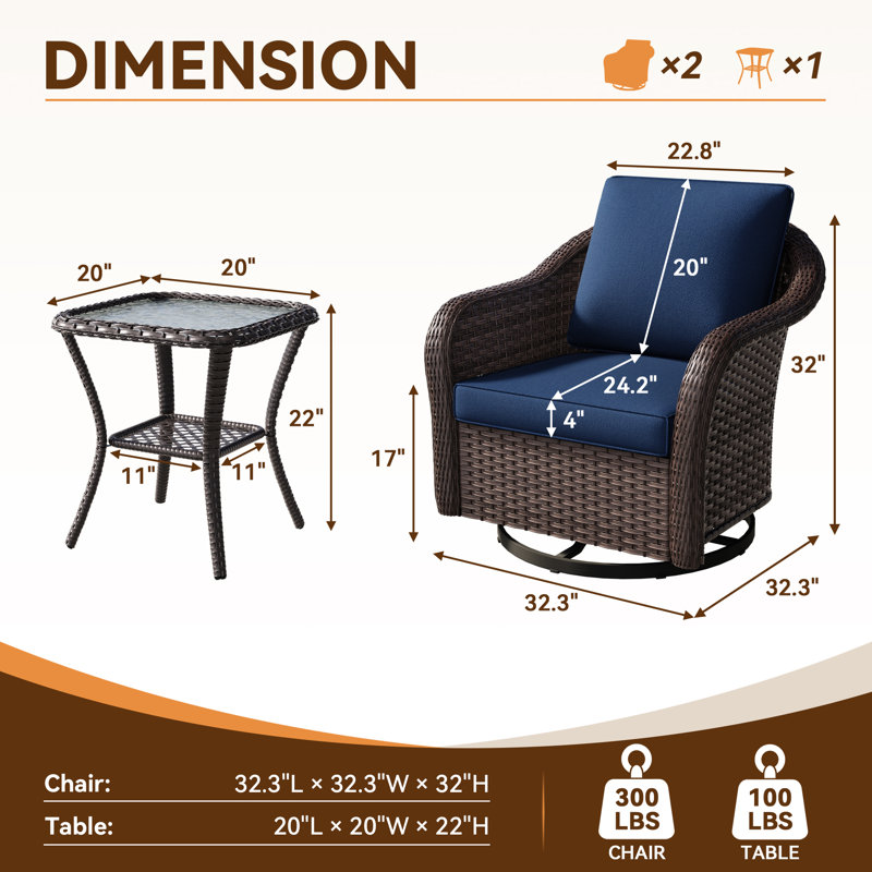 Ensemble de conversation de patio en osier 3 pièces avec 2 chaises pivotantes, table d'appoint et coussin bleu, Bleu