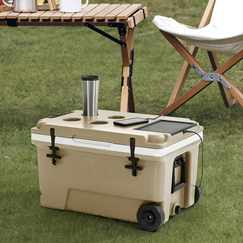  Sunjoy IceCove Norah 60-Quart Insulated Portable Rolling Ice Chest Solar Cooler with Wheels for Party, Camping and Outdoor Act