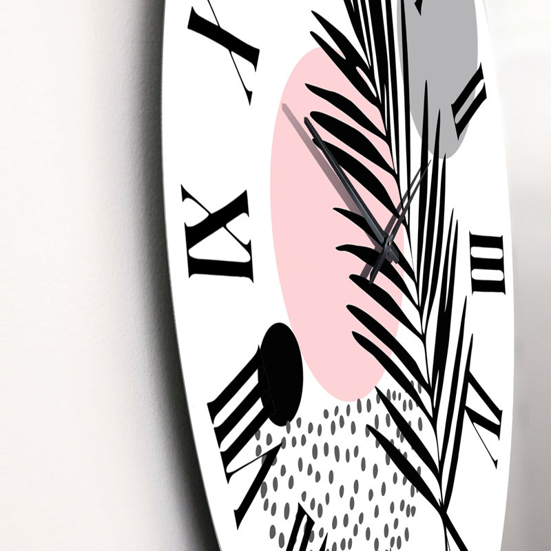 Lune rose abstraite avec feuille de palmier - horloge murale tropicale, Grand