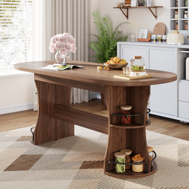 70.8 Inch Oval Dining Room Table for 4-6, Dinner Table with 2-Tier Storage, Modern Kitchen Tables with Curved Base, Sturdy Breakfast Tables for Living Room, Gathering, Walnut