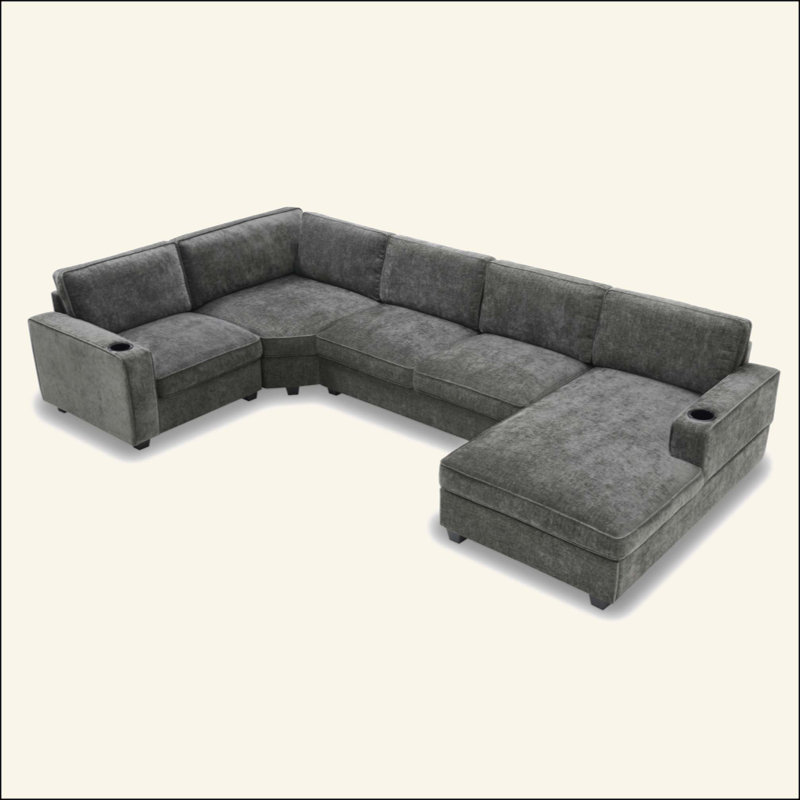 Canapé modulaire en forme de U, ensemble de canapé d'angle en chenille 6 places avec porte-gobelets, méridienne surdimensionnée, coin irrégulier, siège profond et large, canapé confortable pour salon et appartement