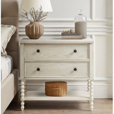 Commode décorative 36 po avec 2 tiroirs, pieds en bois massif tournés, tablette inférieure ouverte, 36 po