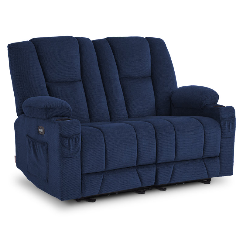 Causeuse électrique inclinable avec chaleur et massage, porte-gobelets, port de charge USB, Mélange de polyester bleu marine