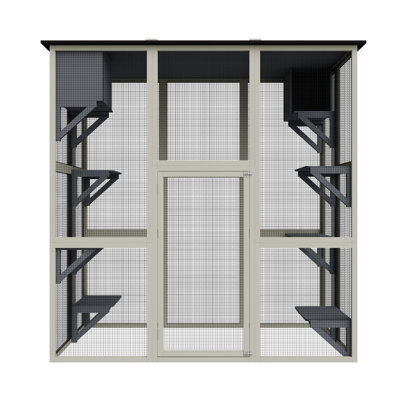 70.9" Outdoor Cat Enclosure In Gray Wood, Asphalt Roof To Keep Out Sun And Rain, Spacious House With 6 Platforms For Play 2 Napping Boxes, Staggered E