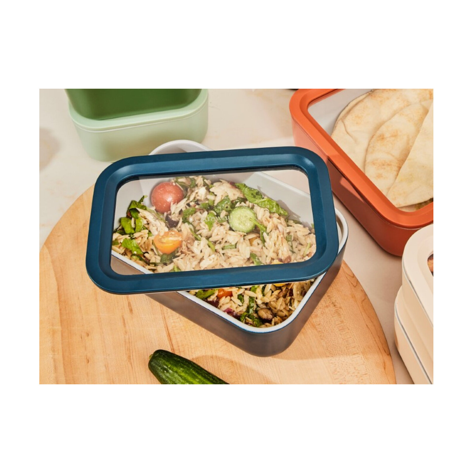 Caraway 6.6 Cup Glass Food Container Rectangular Shape W/ Lid, Navy