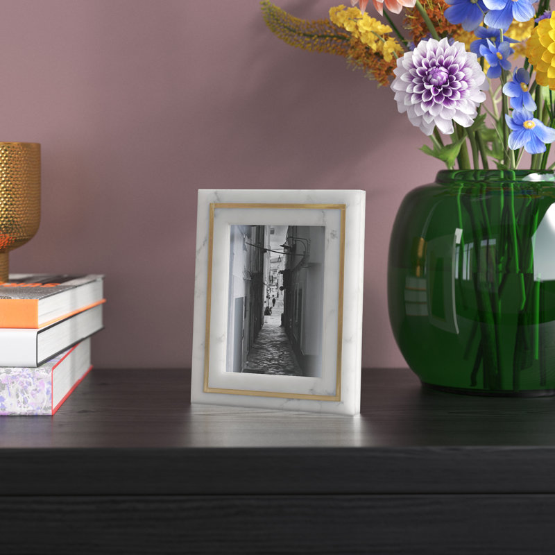 Classic White Marble 5x7 Picture Frame with Brass Inlay