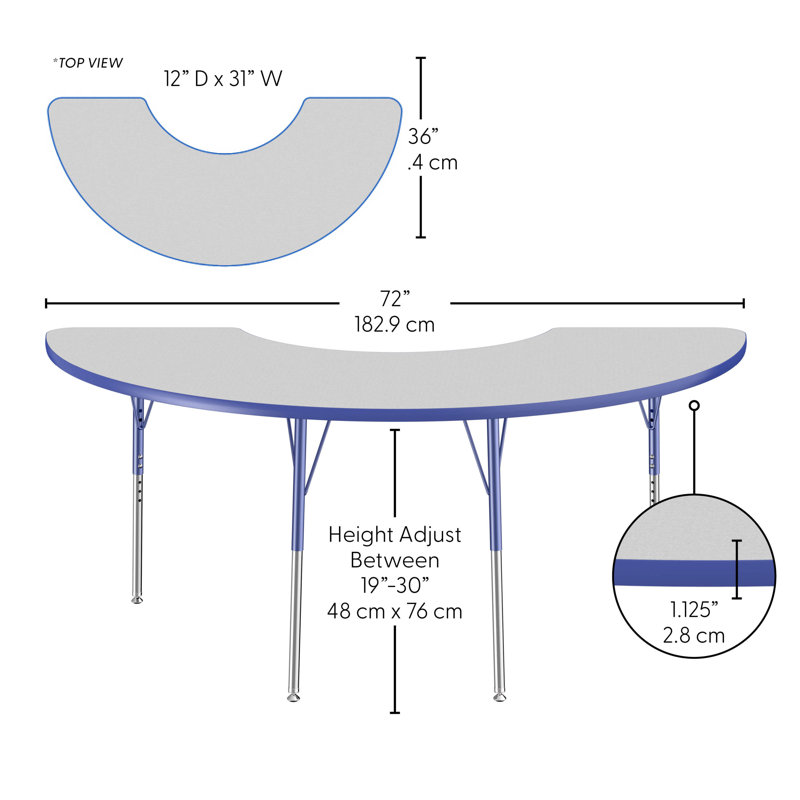 Table d'activité demi-lune thermofusionnée ajustable 72 "x 36", Gris, Bleu