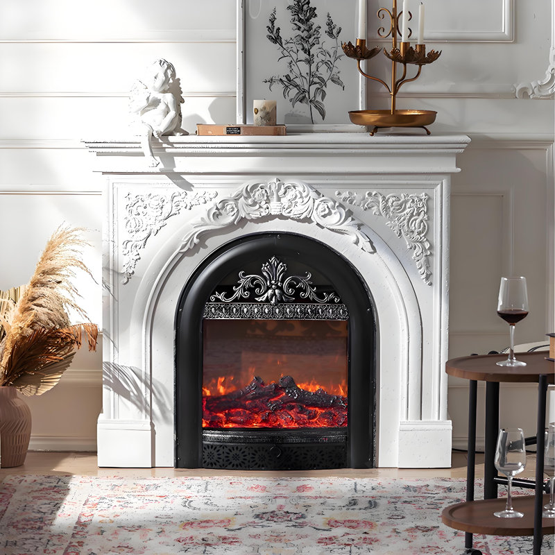 45.67"Retro Carved Simulated Flame Electric Fireplace Heater, White