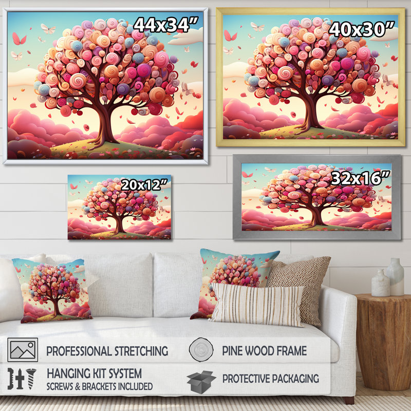 Popart, arbre magique rose et bleu - arbre, art mural, Cadre d'angle fermé doré, H 30 po x l 40 po x P 1,5 po