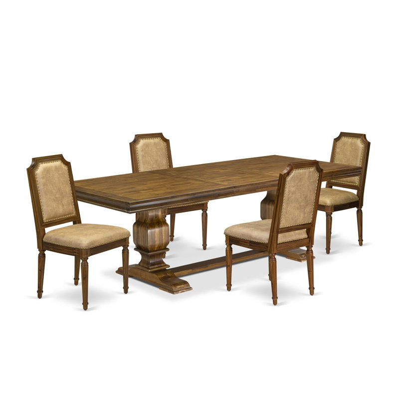 L'ensemble de table de cuisine 5 pièces se compose d'une table de salle à manger et de 4 chaises de salle à manger en cuir de polyuréthane beige avec un dossier haut et une finition noyer antique