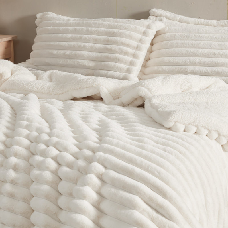Coma Inducer Chunky Bunny Roll Cakes Oversized Faux Fur Comforter Set, Ivory, Twin Extra Long Comforter + 1 Standard Sham