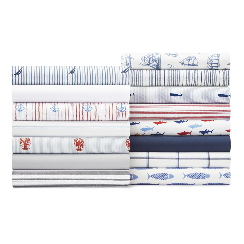 Twin XL Blue Cotton Percale Nautical Print Sheet Set
