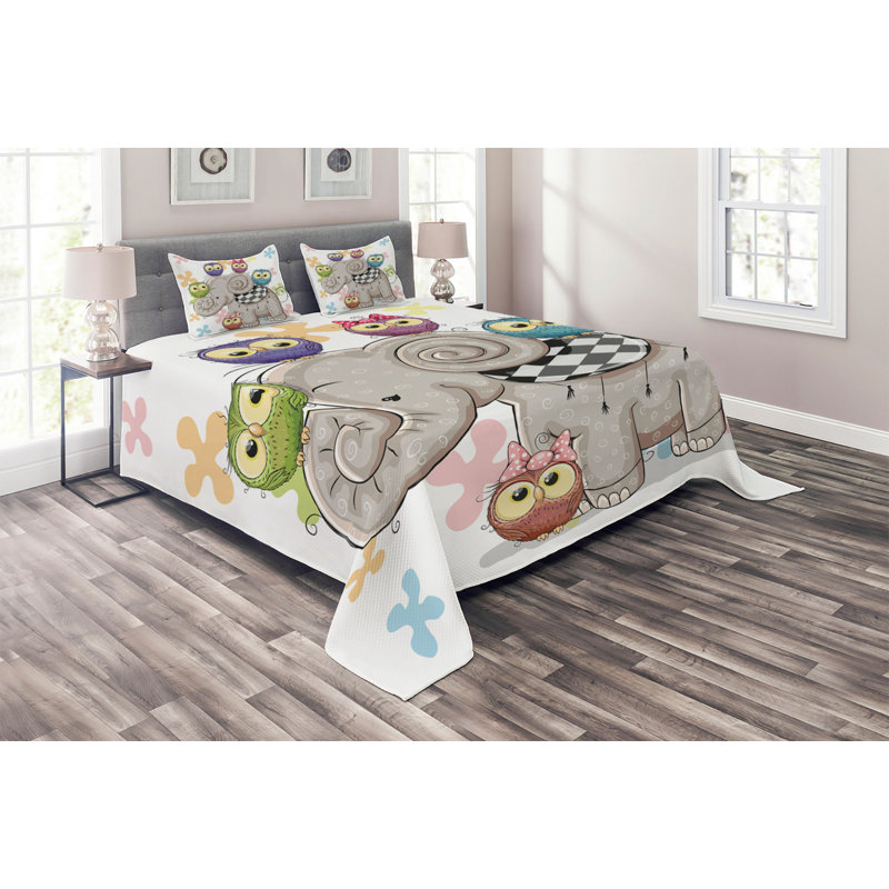 Kids Unisex White Quilted Bedspread Set with Owl Design
