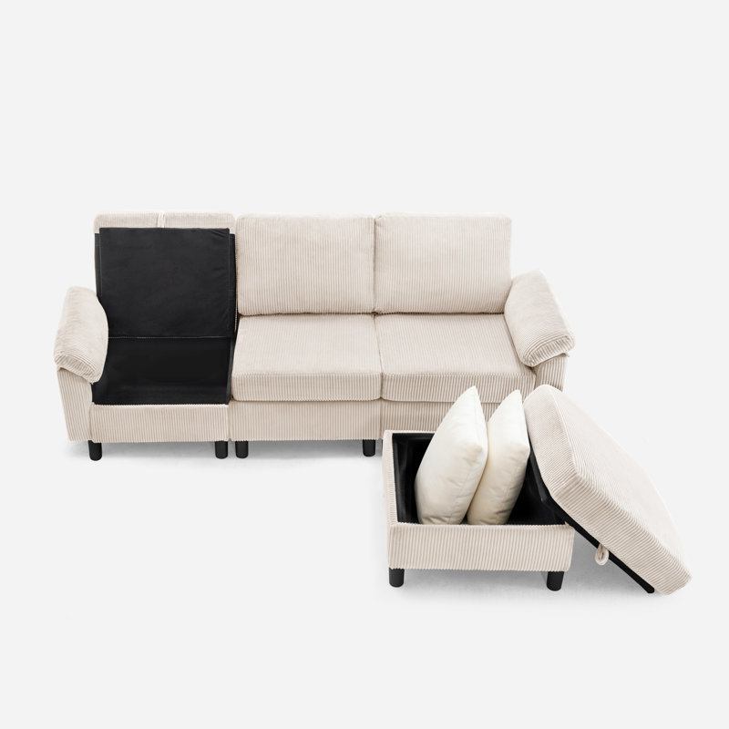 Sectional Sofa, L-Shape 3-seat Couch with Movable Ottoman, Modern Storage Modular Sofa for Living Room,Beige, Beige