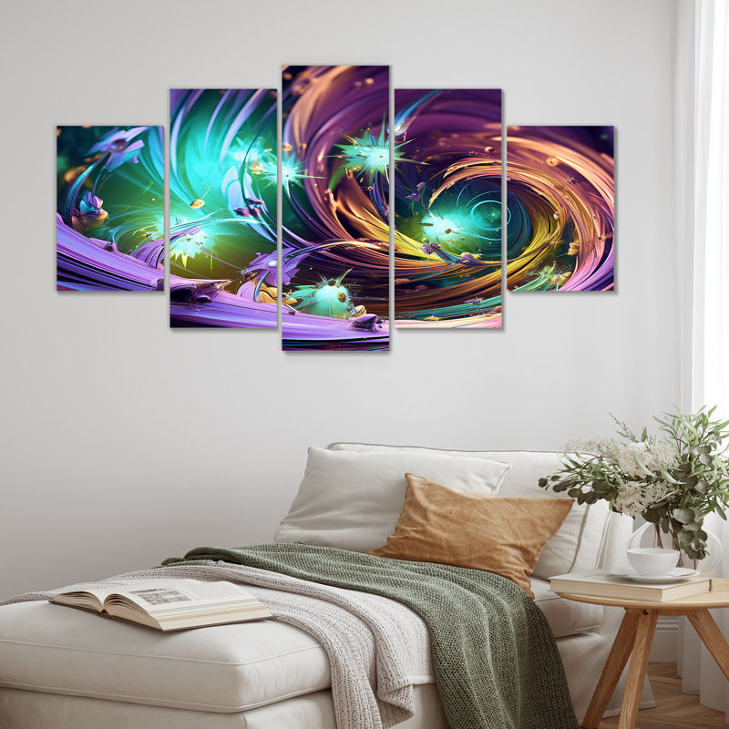  «Purple and Green Fractal Fusion I - Abstract Fractal Multipanel Wall Art, ensemble