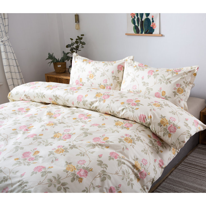  Ensemble de housse de couette 100% coton crème clair / rose / vert 3 pièces, Très grand