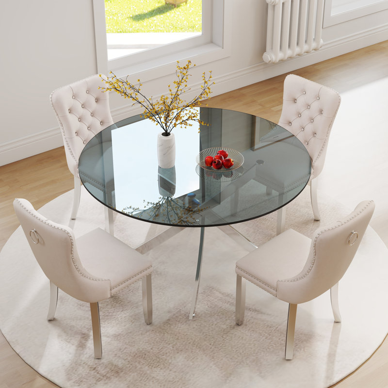 Ensemble de salle à manger à piédestal moderne avec chaise de salle à manger capitonnée en velours, Beige / argent