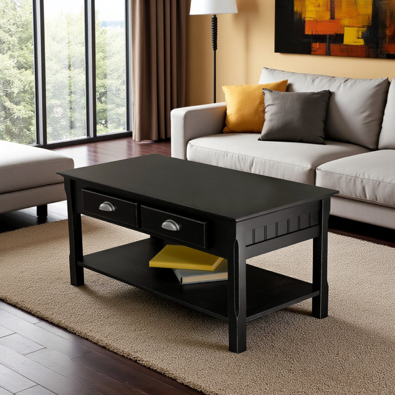 Camaran Contemporary 2-Drawer & 1-Shelf Black Coffee Table, 16.95" H X 37.85" W X 18.85" D
