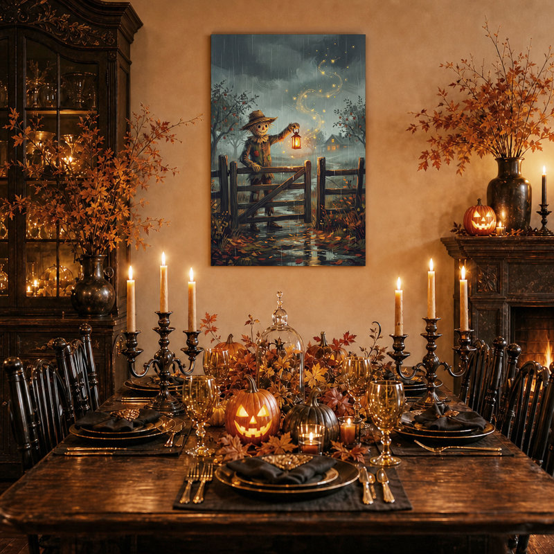 Épouvantail avec lanterne à Rainy Gate, toile murale d'Halloween, 18"H x 12"W