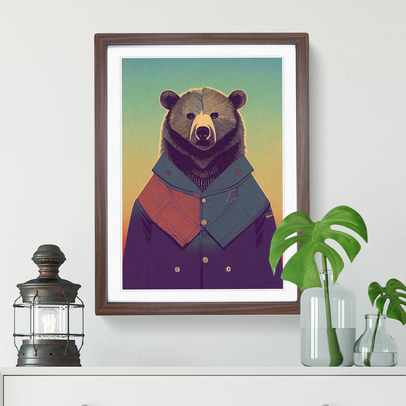 Bear With Jacket No.1 - Wall Art, 48cm H x 36cm W, Walnut Framed Paper, White