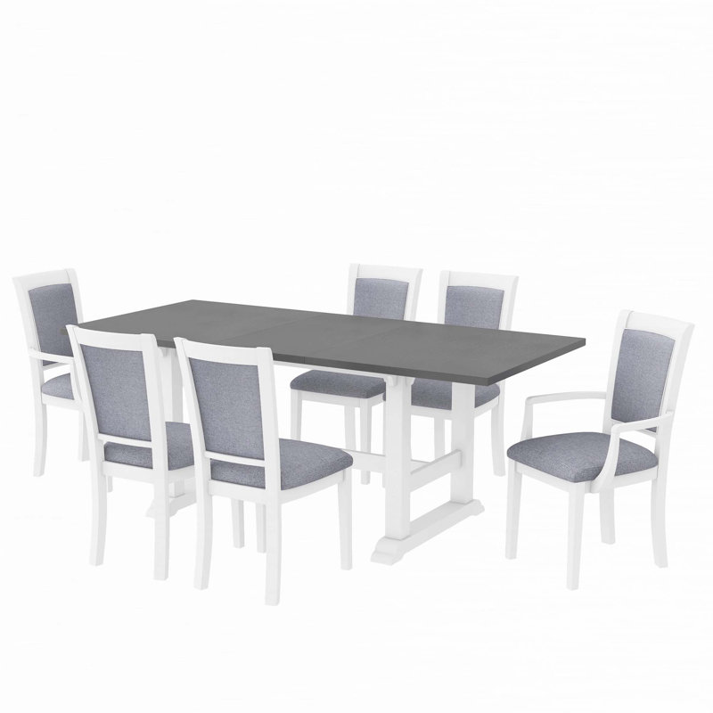 7-Piece Updated 76.9Inch Extendable Trestle Dining Table Set With Removable Leaf