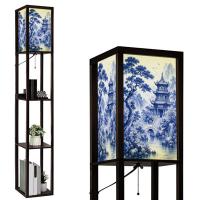 Lampadaire DEL à intensité variable, bleu et blanc, style pagode asiatique traditionnelle, rivière sereine, structure en MDF, télécommande, 3 couleurs d'éclairage, idéal pour le salon ou la chambre.