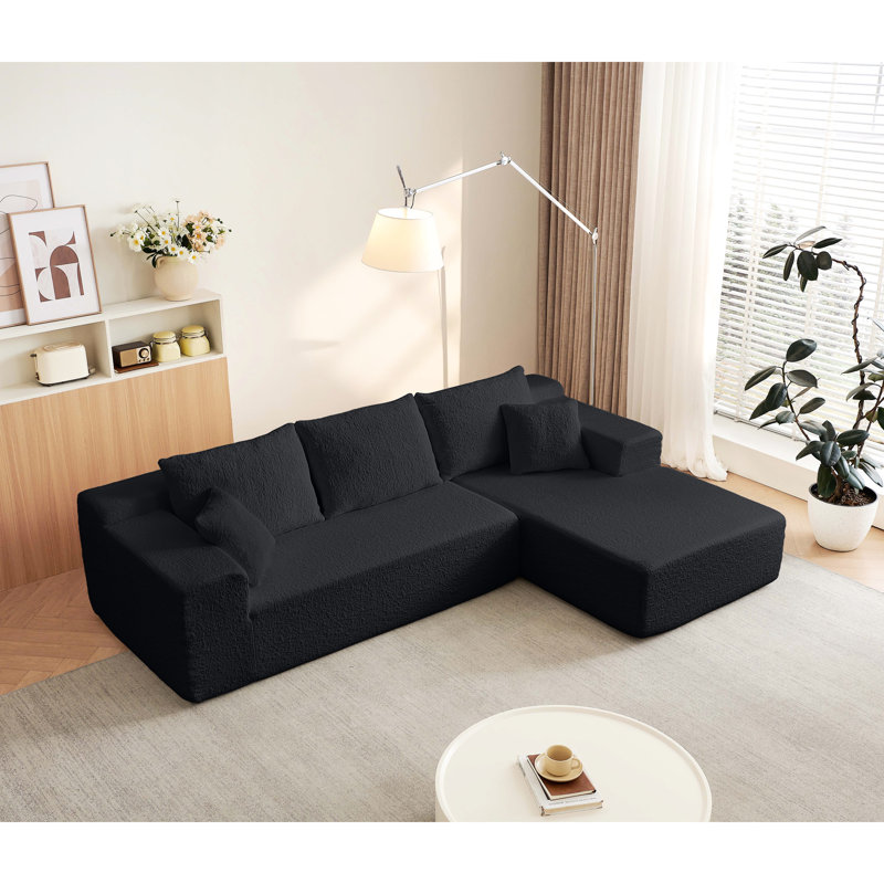 104 po en forme de L modulaire en nuage, 3 sièges profonds pour la chambre à coucher du salon, tissu en chenille noir, sans assemblage, antidérapant, cinq coussins décoratifs, chenille modulaire, compression sous vide,
