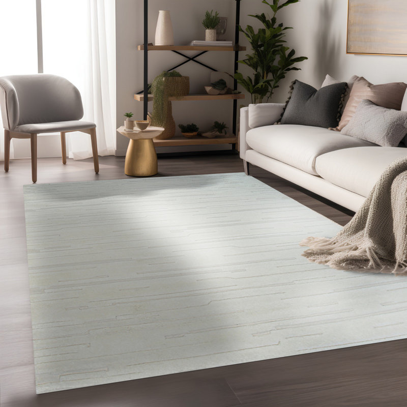 Tapis blanc en laine noué à la main Contemporary, Rectangle 9 pi x 12 pi