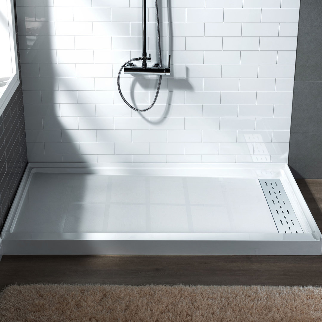 60" x 36" Solid Surface Single Threshold Shower Pan Base with Drain Assembly & Drain Cover Included, Non-Slip WoodBridge Drain 