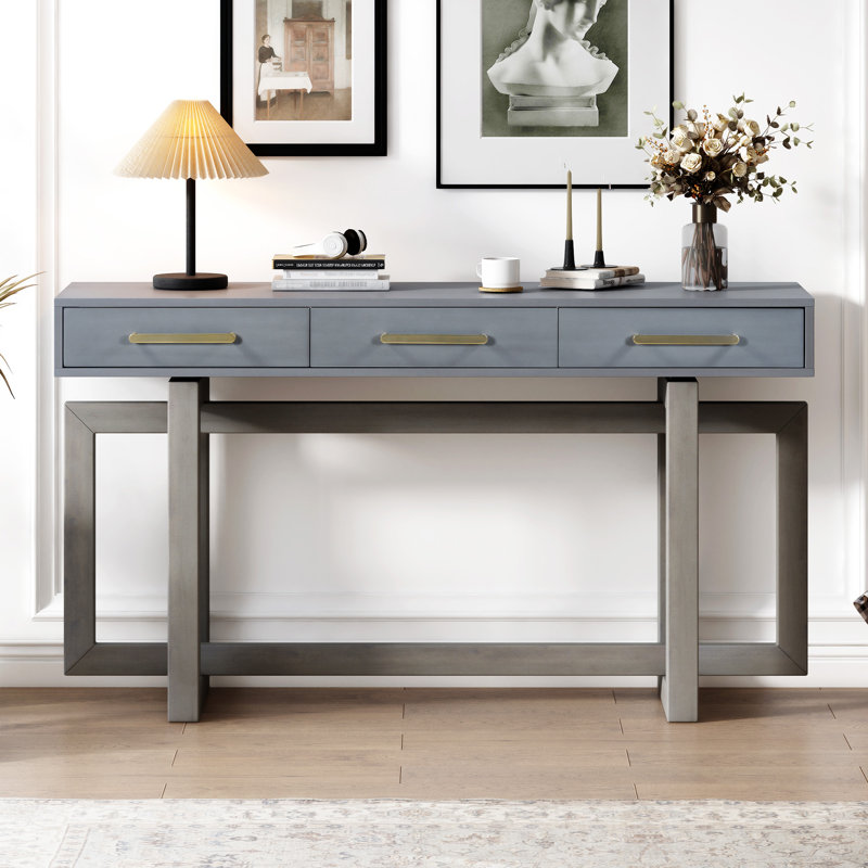 Elegant 57 Inch Extra Long Console Table with 3 Drawers, Antique Gray Entryway Table for Hallway Living Room Foyer Corridor