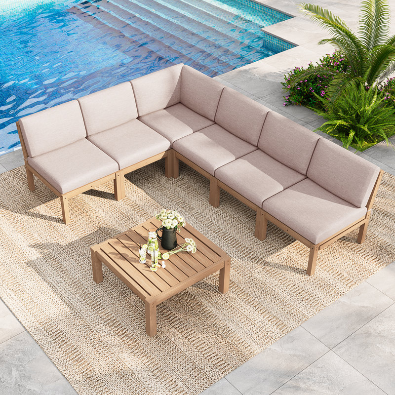 Ensemble de conversation d'extérieur pour 6 personnes, brun, Coussin beige / structure en teck
