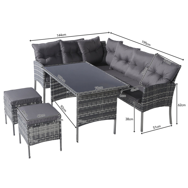6 - Person Wicker Patio Dining Set with Rectangular Table, Grey Cushion/Grey Frame