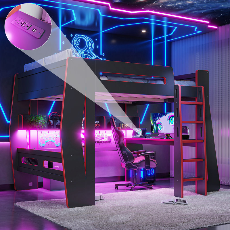 Lits doubles gain d'espace avec rangement, en MDF et contreplaqué de pin, style e-sport moderne, Black 1