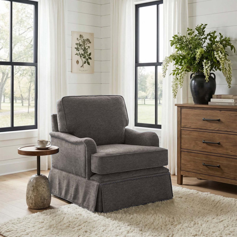 Upholstered Tan Skirted Swivel Accent Arm Chair with Nailhead Trim, Tan Chenille