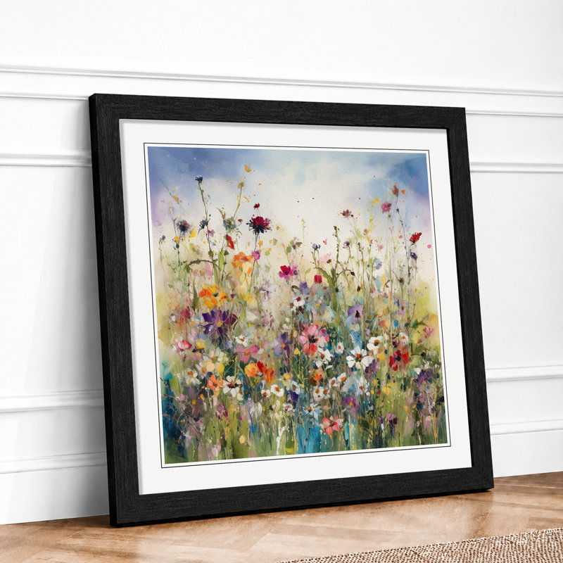 Meadow Floral Art No.2 - Single Picture Frame Print on Wood, Black