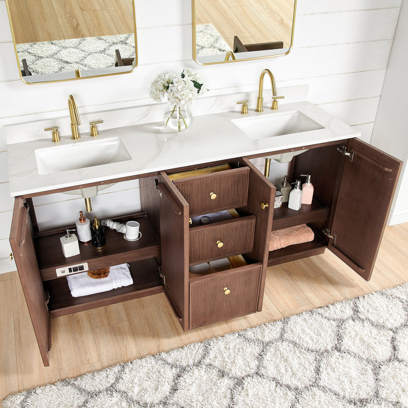 Amella 72'' Free Standing Double Bathroom Vanity with Quartz Top, Dark Brown Oak