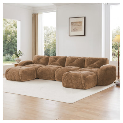 Canapé modulaire capitonné en velours Camel