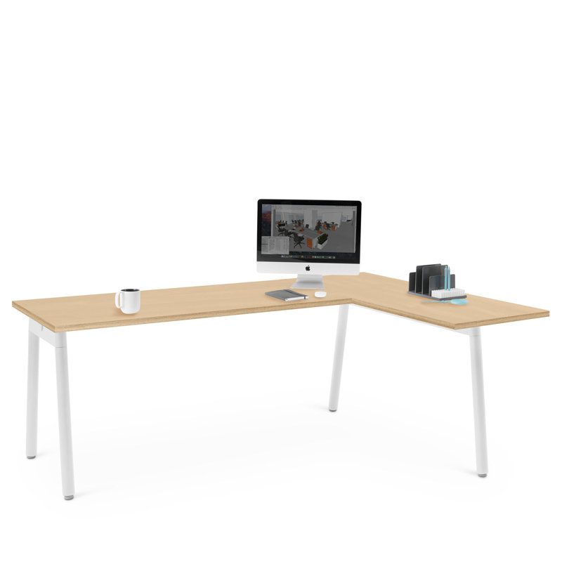 Bureau en coin Series A, LPL, H 29 po x l 56 po x P 79 po, Blanc / chêne naturel, Orienté à droite
