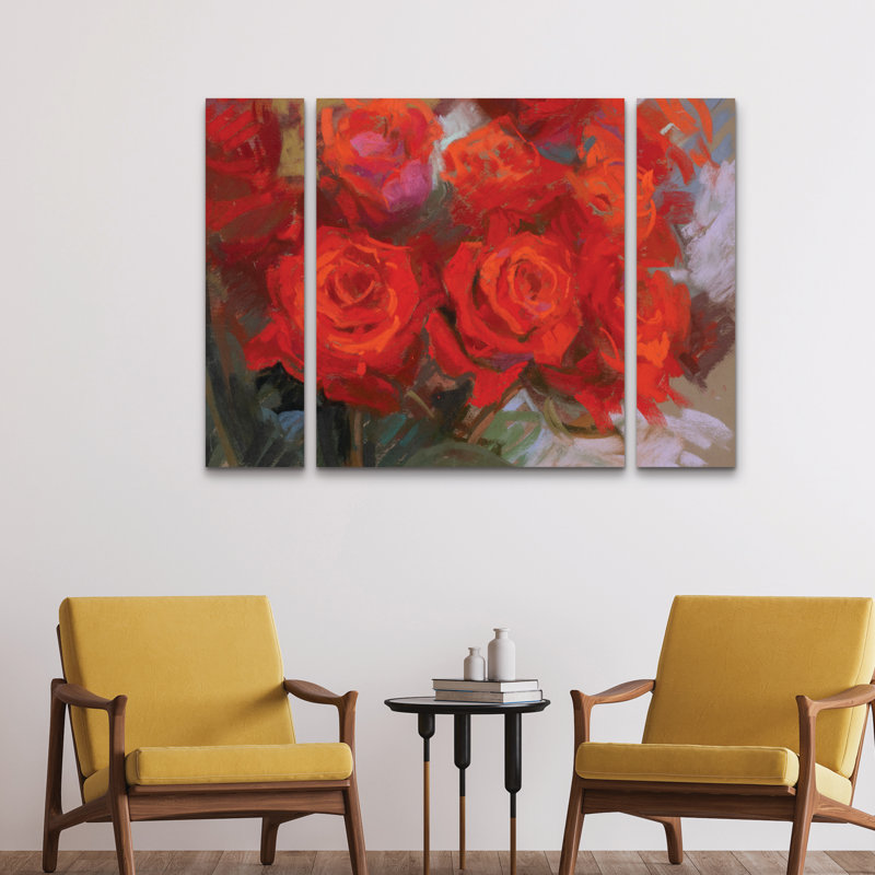 «3 Crimson Roses», art mural sur toile 3 panneaux pour décor de salon, de chambre à coucher ou de bureau 