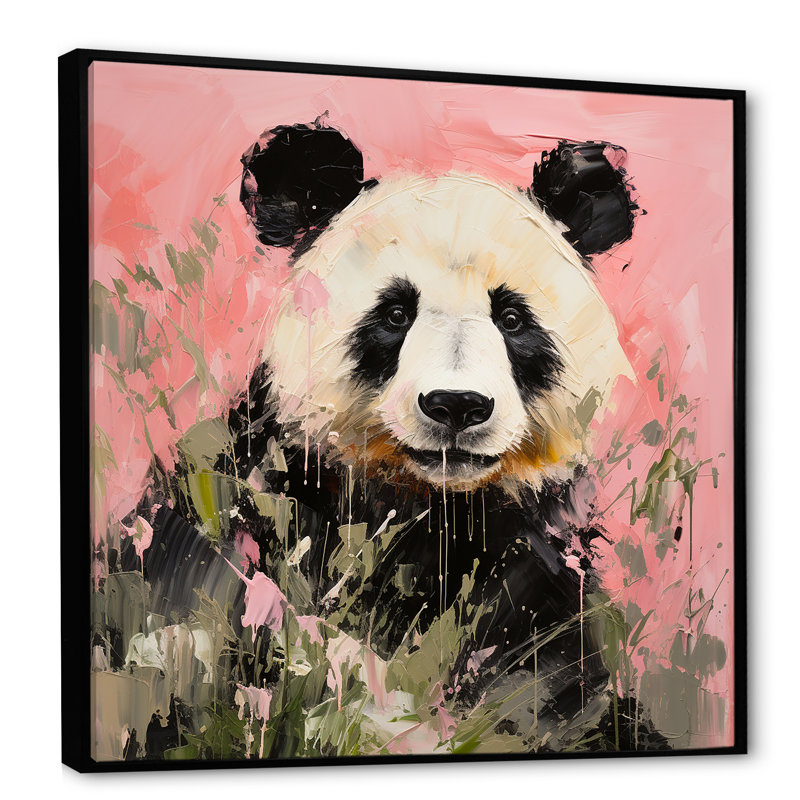 Panda blanc et rose en fleurs III - art mural animal panda, Cadre flottant noir, H 36 po x l 36 po x P 1,5 po