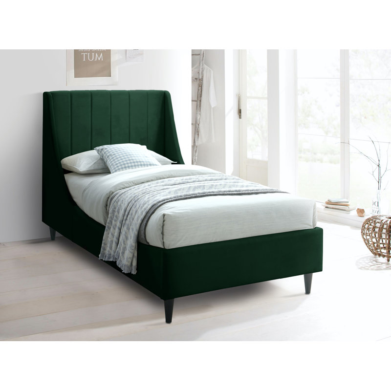 Eva Upholstered Low Profile Platform Bed, Green Velvet, Twin