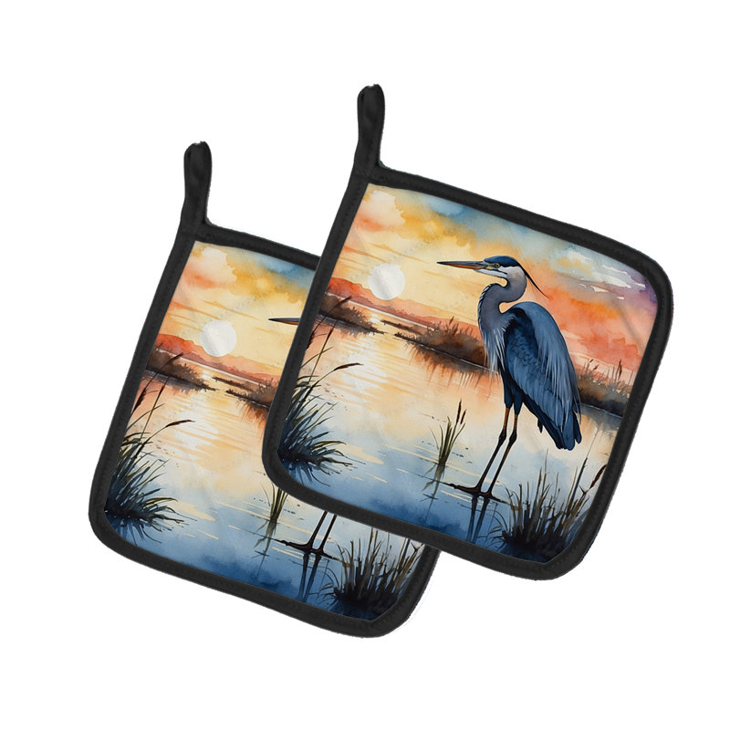 Blue Heron Setting Sun Pair of Pot Holders