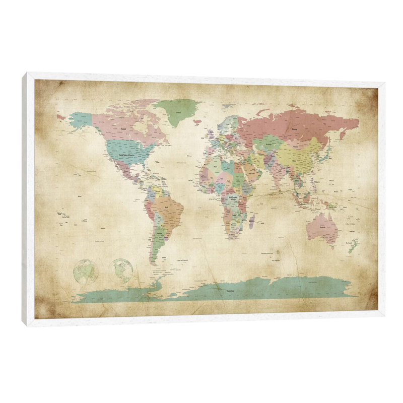 World Cities Map by Michael Tompsett - Wrapped Canvas Print, 66.04 cm H x 45.72 cm W x 3.175 cm D, White Framed