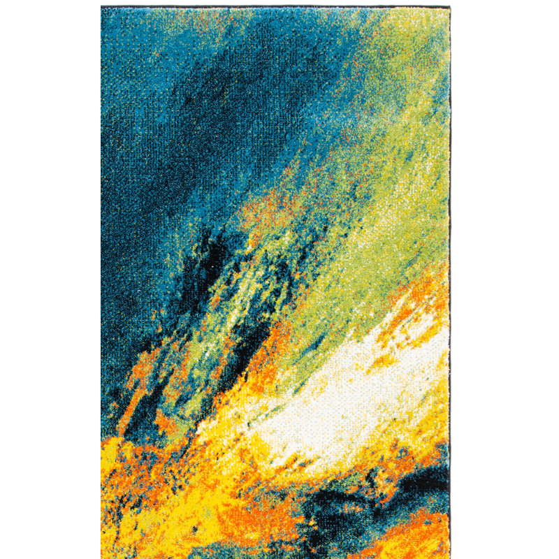 Robidoux Abstract Teal/Yellow Area Rug, Rectangle 5'3" x 7'6"