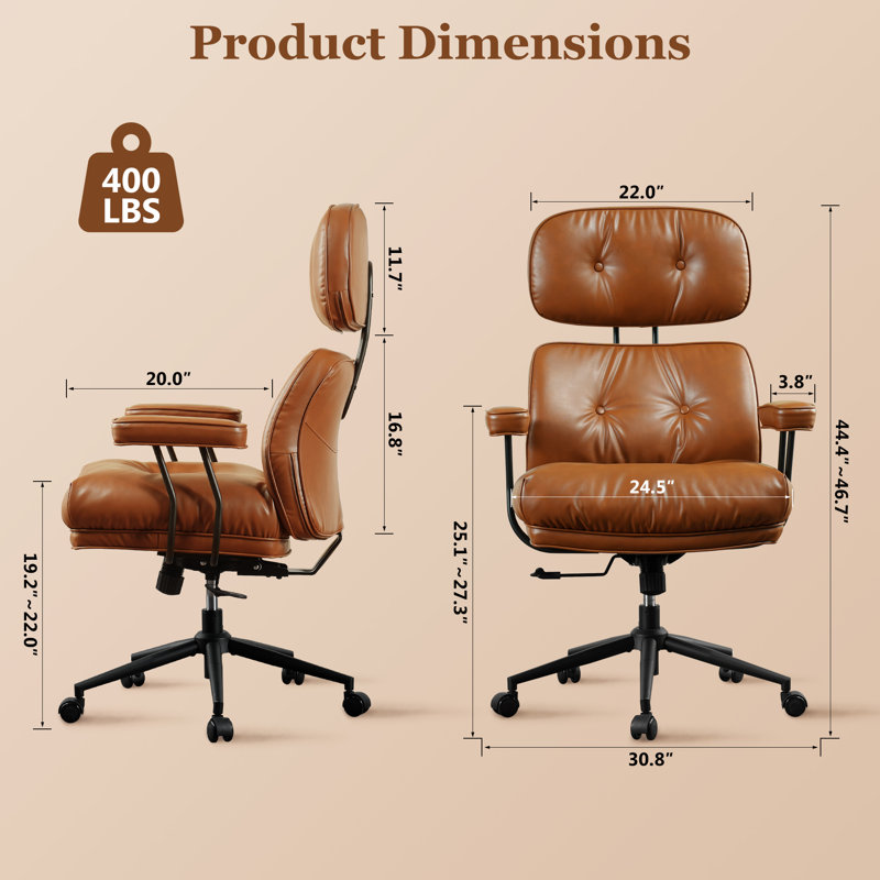 Albaugh Ergonomic Home Office Chair with Headrest, Large Executive Chair for Heavy Duty People, Mid-Century Big and Tall Lether Chair with Lumbar Support,  Computer Desk Task Chair for Home